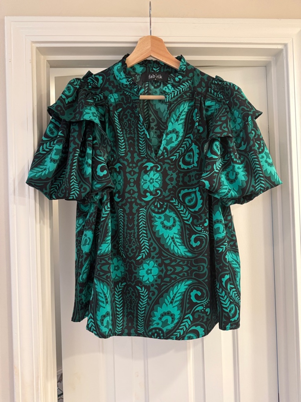 fab'rik Black and Kelly green Paisley Ruffle Sleeve Blouse